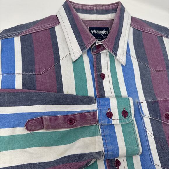 Vtg 90s Wrangler Brush Popper Striped Cowboy Ranch Western USA Made L/XL 16.5-35 - Picture 1 of 12